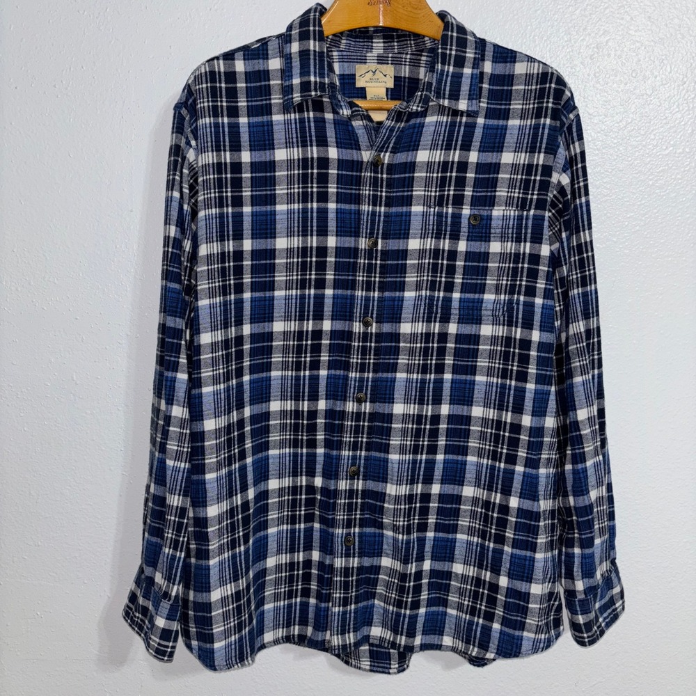 Blue Mountain XLT (XL TALL) Navy Plaid Flannel Shirt Cotton –Missing Cuff Button